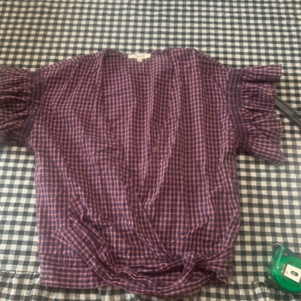 Madewell Plaid Purple Blouse with Ruffled Sleeves